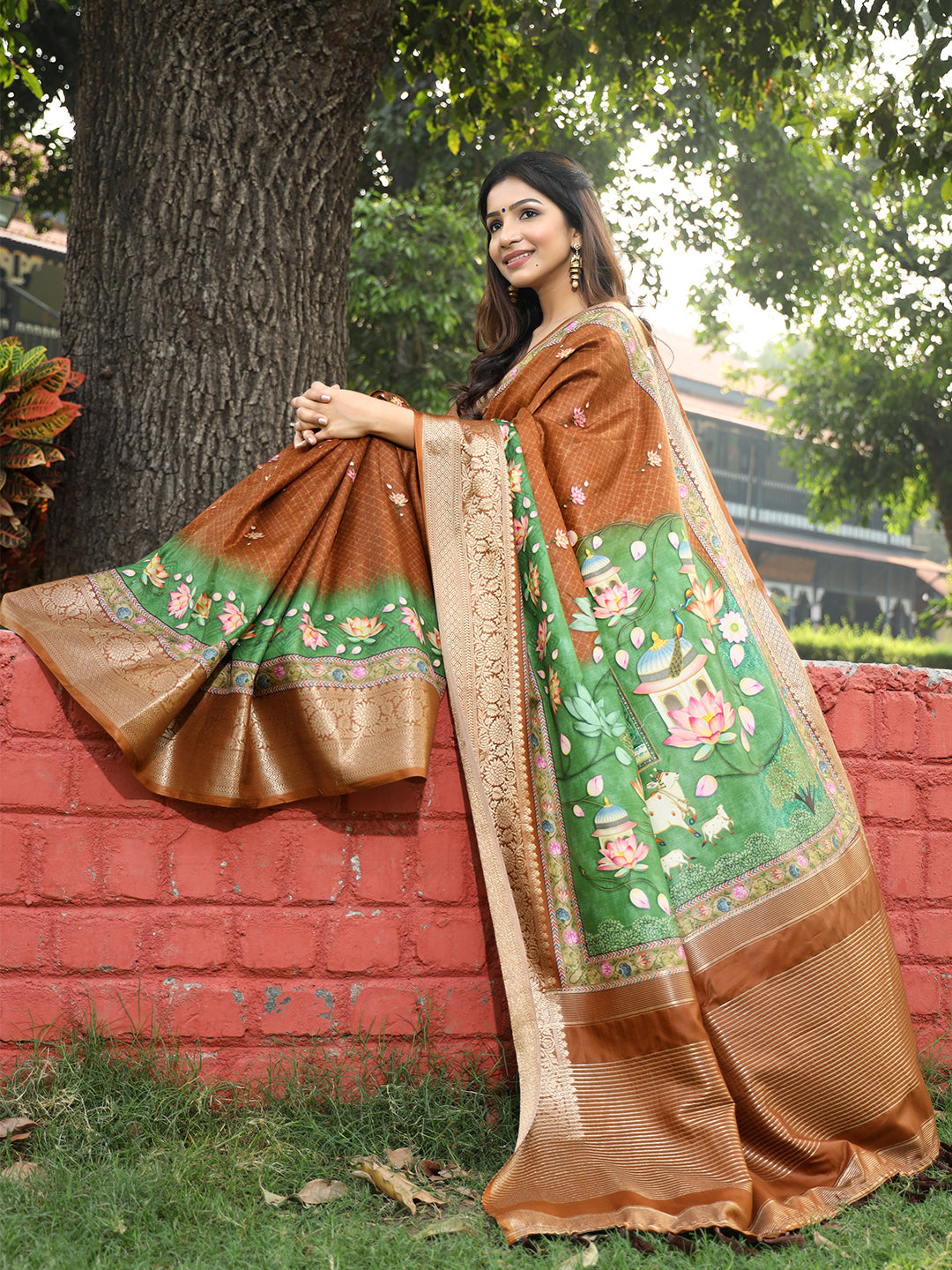 Luxe Brown Viscose Dola Silk Saree with Pichwai Kalamkari Print