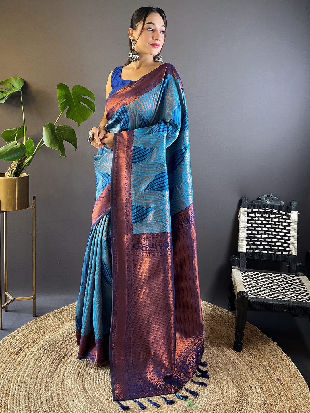 Royal-Blue Tussar Silk Abstract Ikkat Print Saree