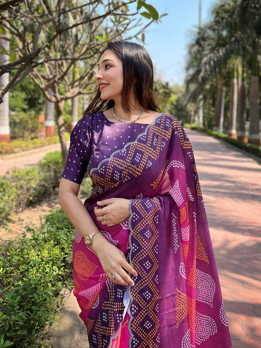 Magenta Georgette Silk Saree with Ombre Bandhej & Swarovski Stones