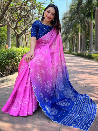 Pink Georgette Silk Saree with Ombre Bandhej & Swarovski Stones