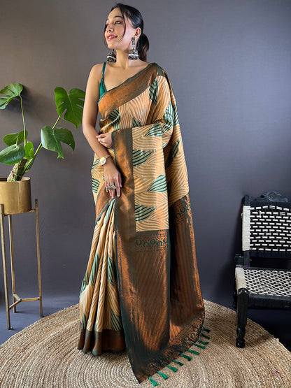 Green Tussar Silk Abstract Ikkat Print Saree