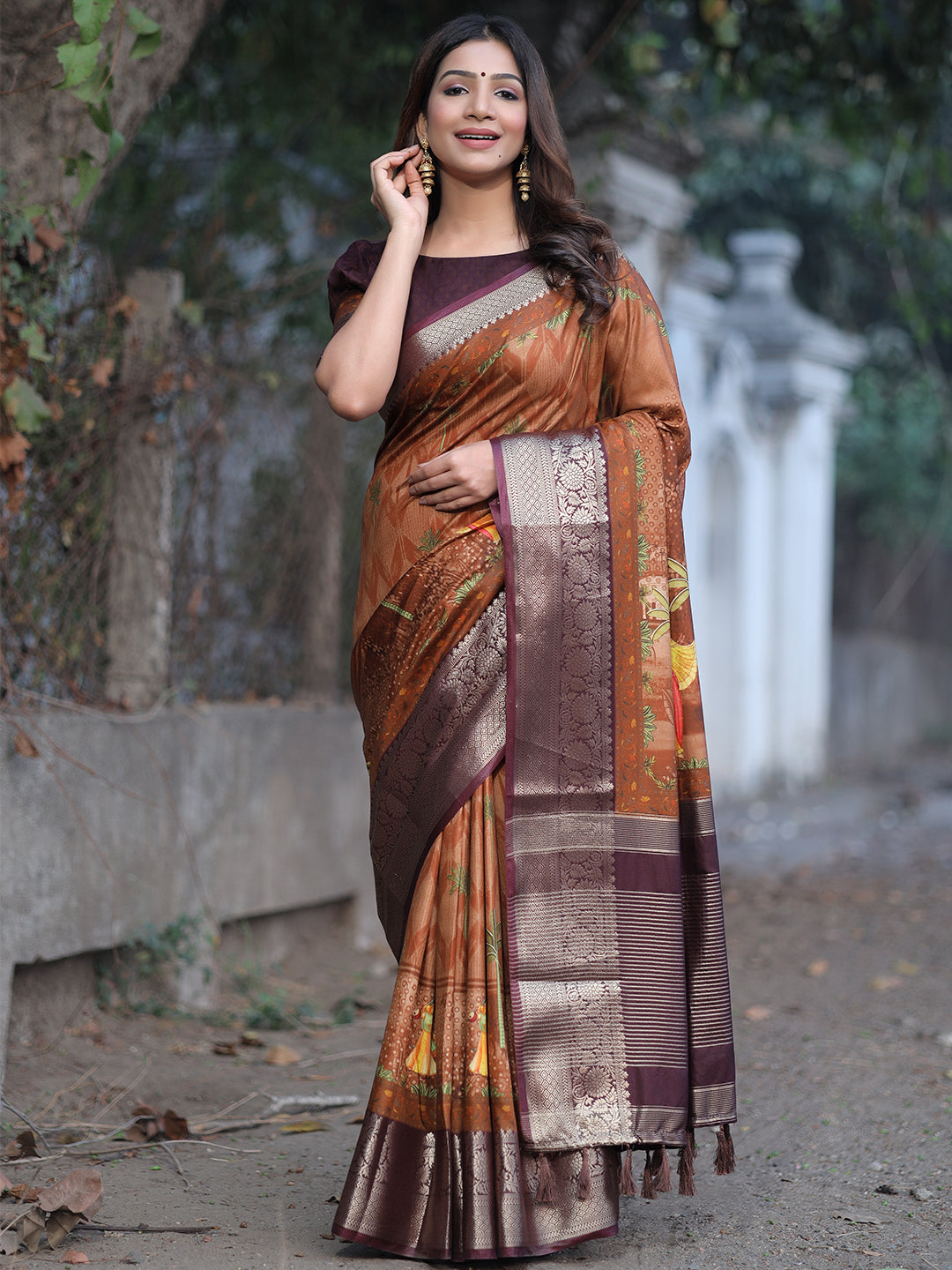 Luxe Coffee Brown Viscose Dola Silk Saree with Pichwai Kalamkari Print