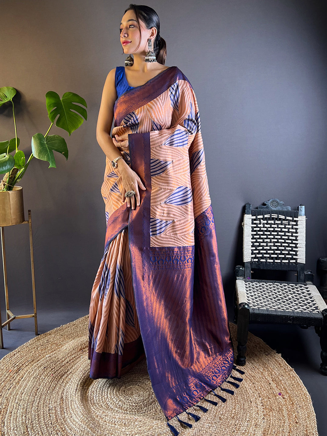 Peach Tussar Silk Abstract Ikkat Print Saree