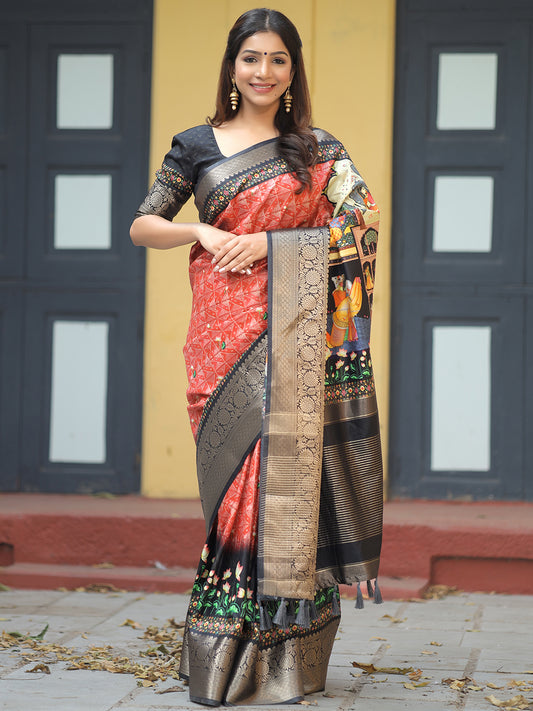 Luxe Red Viscose Dola Silk Saree with Pichwai Kalamkari Print