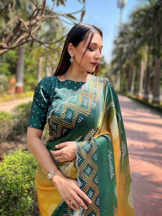 Yellow Georgette Silk Saree with Ombre Bandhej & Swarovski Stones