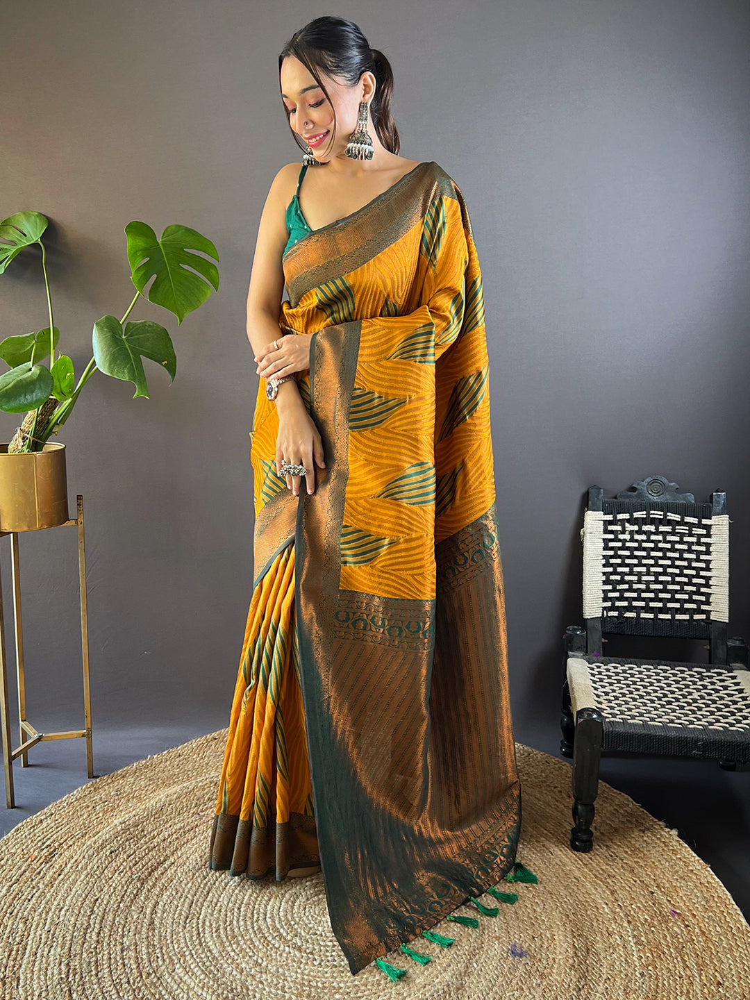 Mustard Tussar Silk Abstract Ikkat Print Saree