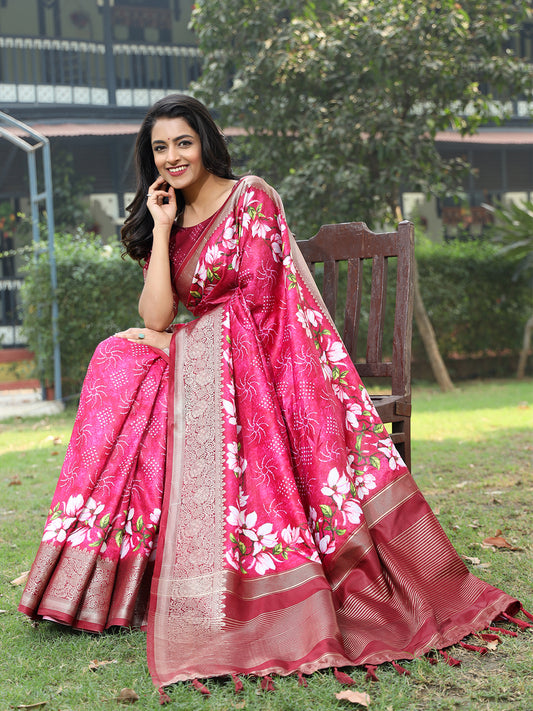 Elegant Pink Pure Viscose Dola Silk Saree with Exquisite Floral Print Border