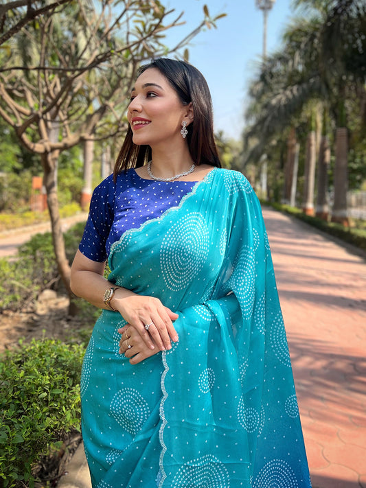 Turquoise Georgette Silk Saree with Ombre Bandhej & Swarovski Stones