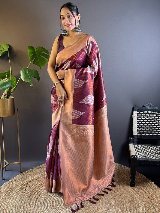 Cheery-Red Tussar Silk Abstract Ikkat Print Saree