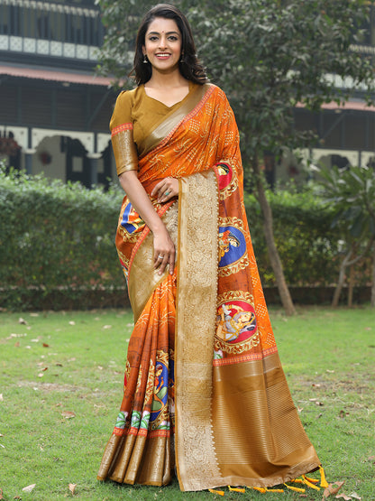 Elegant Orange Pure Viscose Dola Silk Saree with Exquisite Mughal Print Border