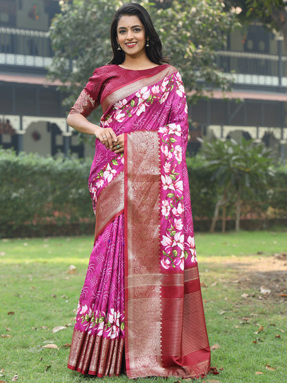 Elegant Magenta Pure Viscose Dola Silk Saree with Exquisite Floral Print