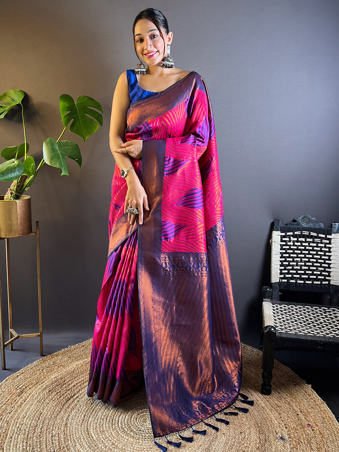 Rani-Pink Tussar Silk Abstract Ikkat Print Saree