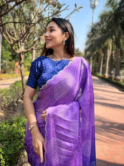 Lavender Georgette Silk Saree with Ombre Bandhej & Swarovski Stones