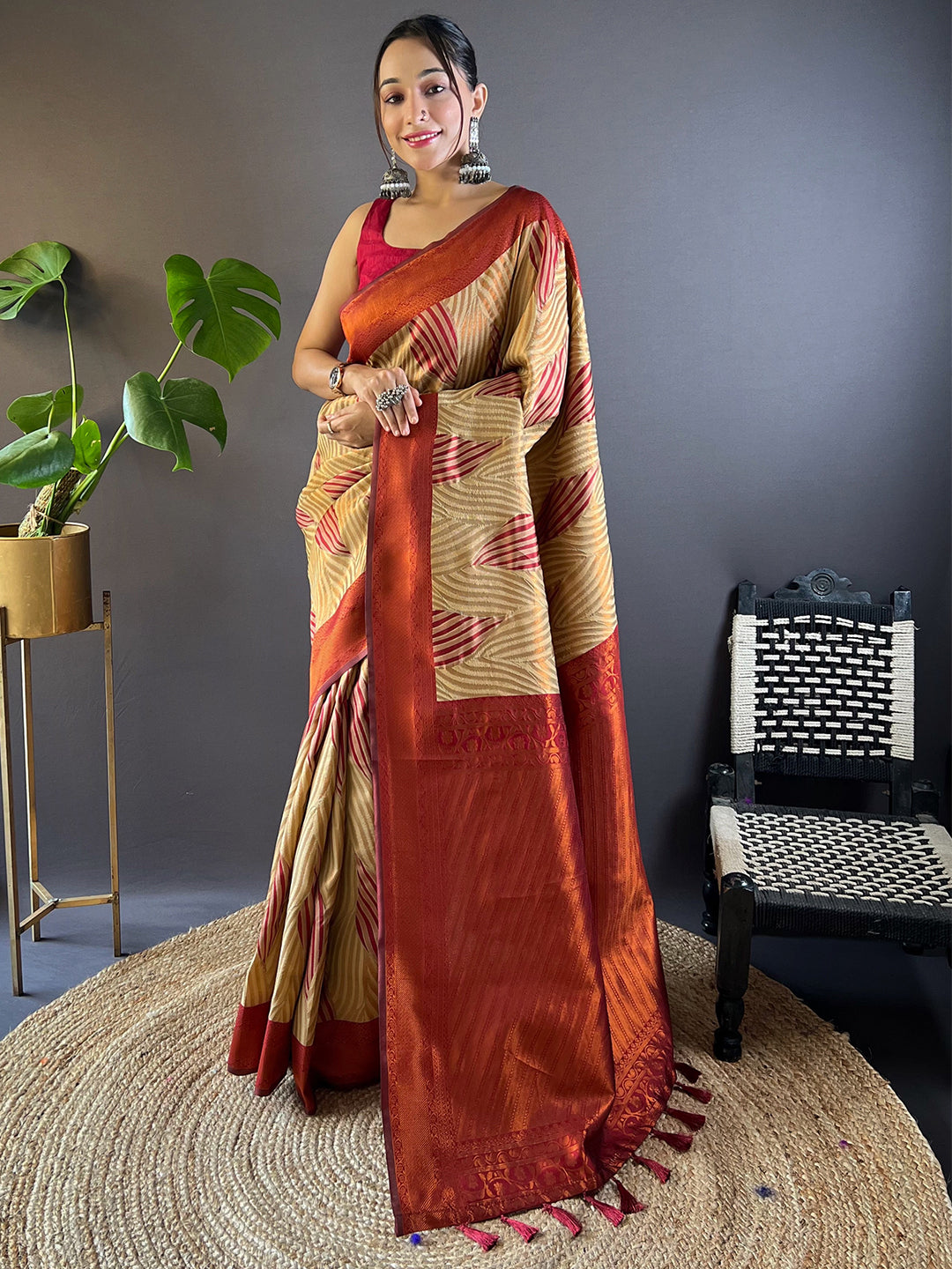 Beige Tussar Silk Abstract Ikkat Print Saree