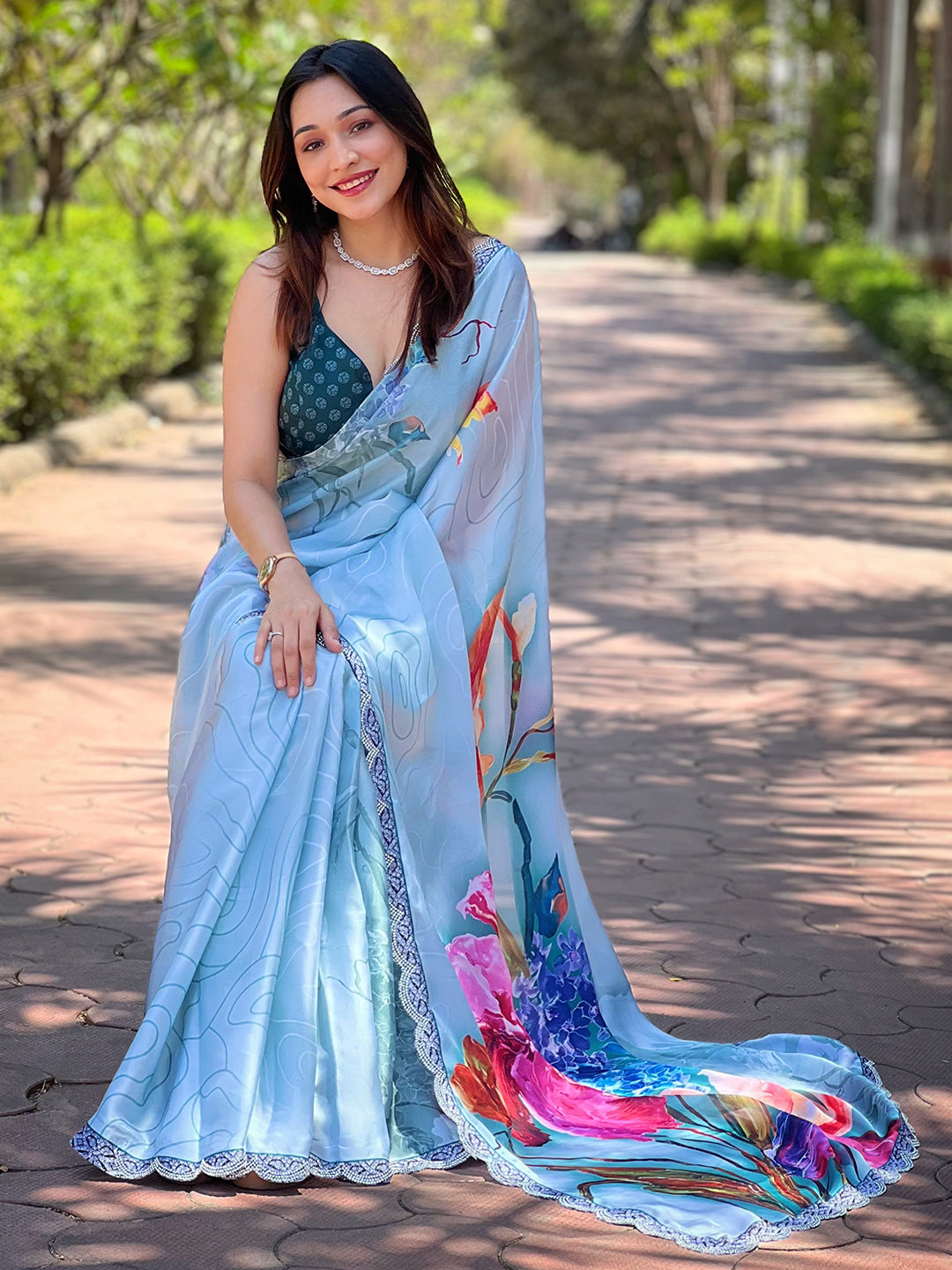 Elegant Light Blue Satin Georgette Saree with Floral Print