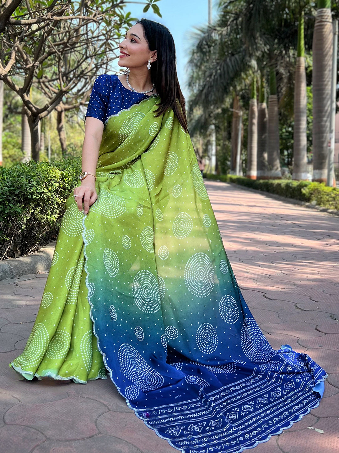 Lime-Green Georgette Silk Saree with Ombre Bandhej & Swarovski Stones