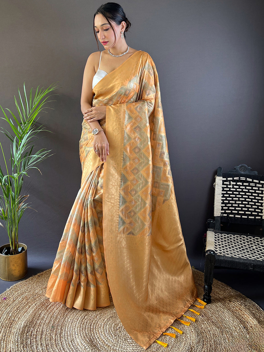 Yellow Block Print Banarasi Katan Silk Saree