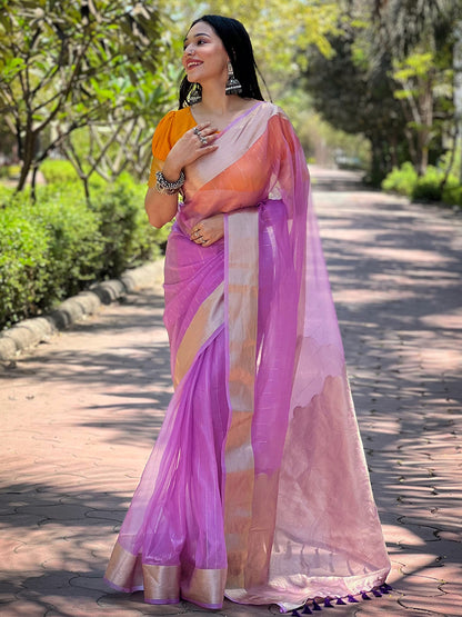 Purple Viscose Organza Saree with Gold Zari Weaving Border