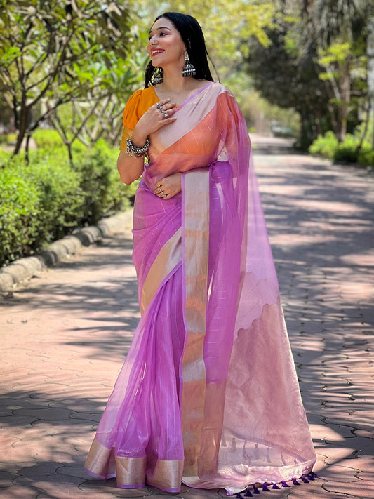 Purple Viscose Organza Saree with Gold Zari Weaving Border