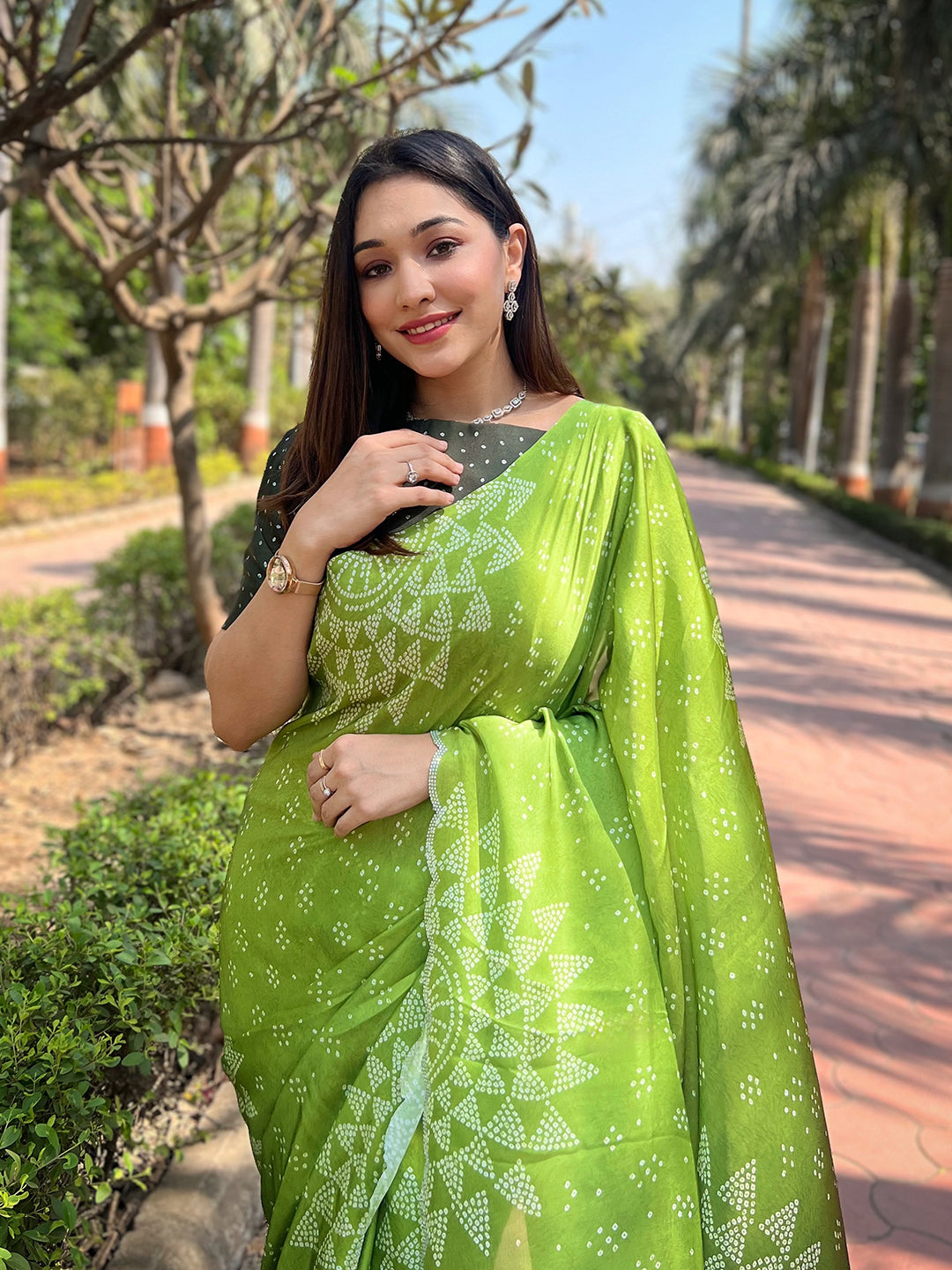 Green Georgette Silk Saree with Ombre Bandhej & Swarovski Stones