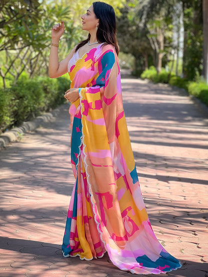 Elegant Multicoloured Satin Georgette Saree with Floral Print