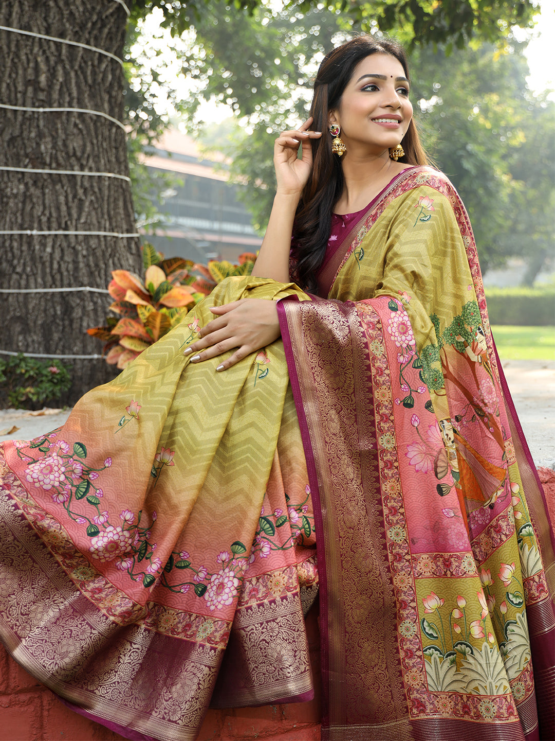 Luxe Light-Green Viscose Dola Silk Saree with Pichwai Kalamkari Print