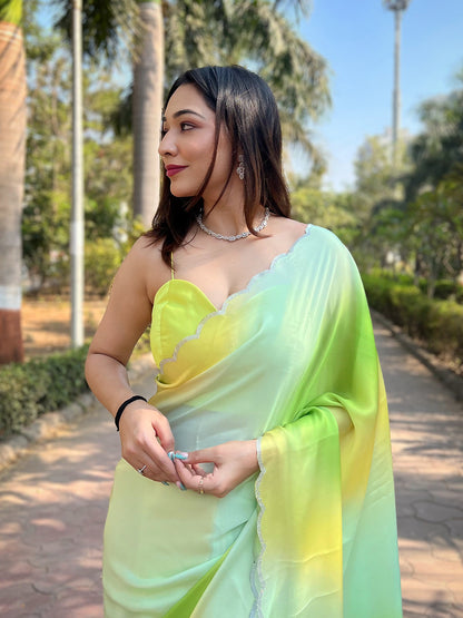 Bollywood-Style Pista Satin Georgette Ombre Saree