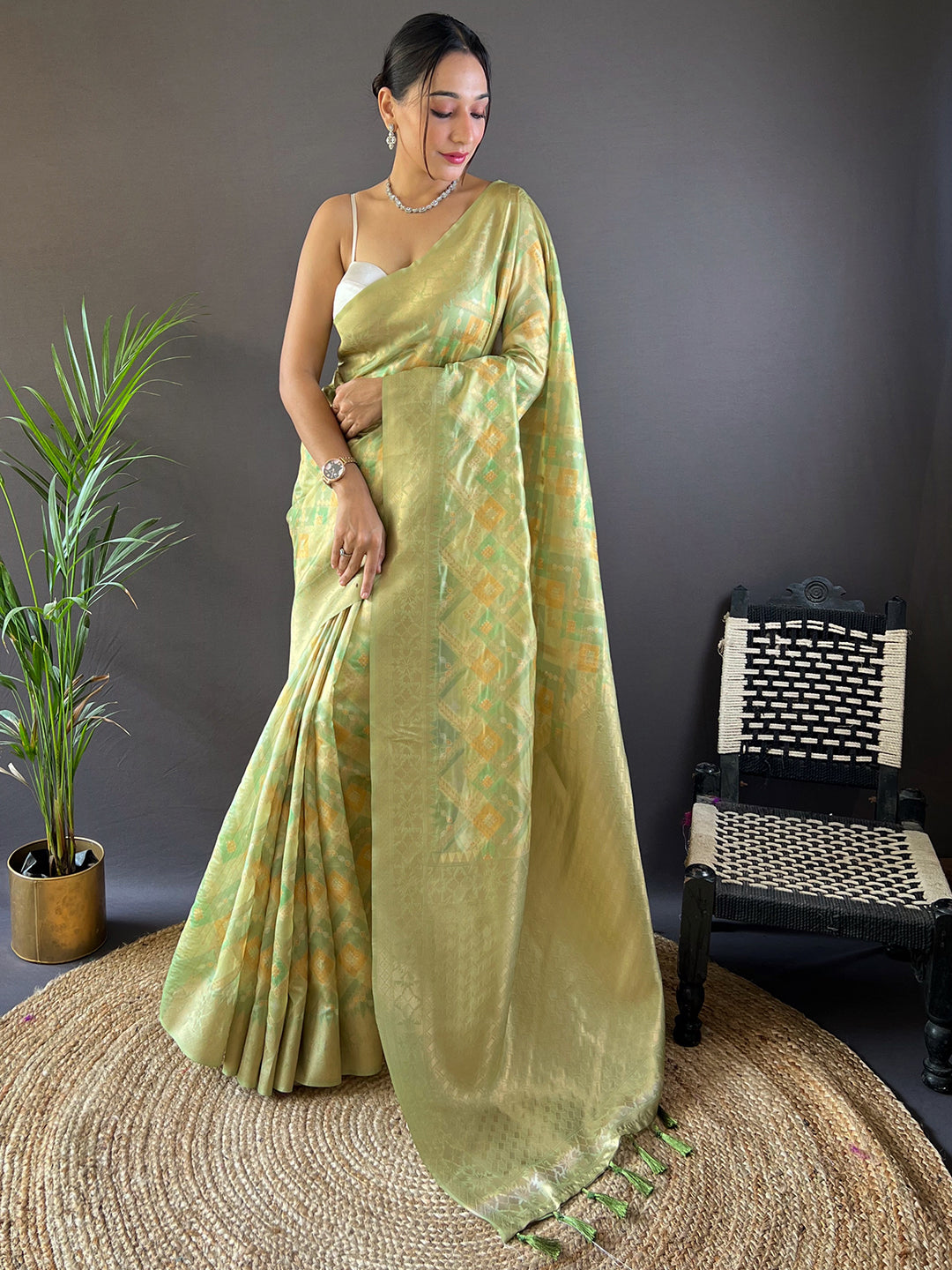 Green Block Print Banarasi Katan Silk Saree