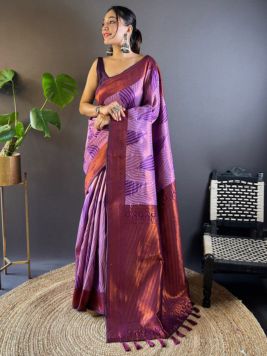 Purple Tussar Silk Abstract Ikkat Print Saree