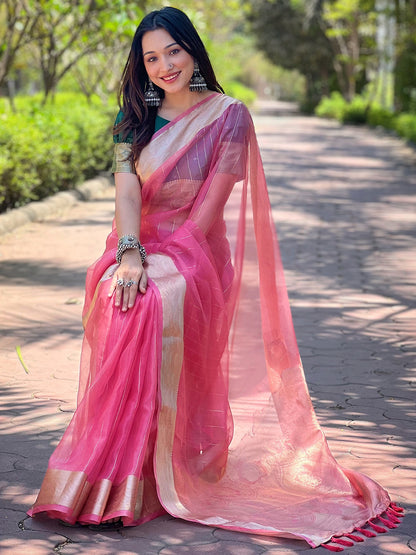 Pink Viscose Organza Saree with Gold Zari Weaving Border