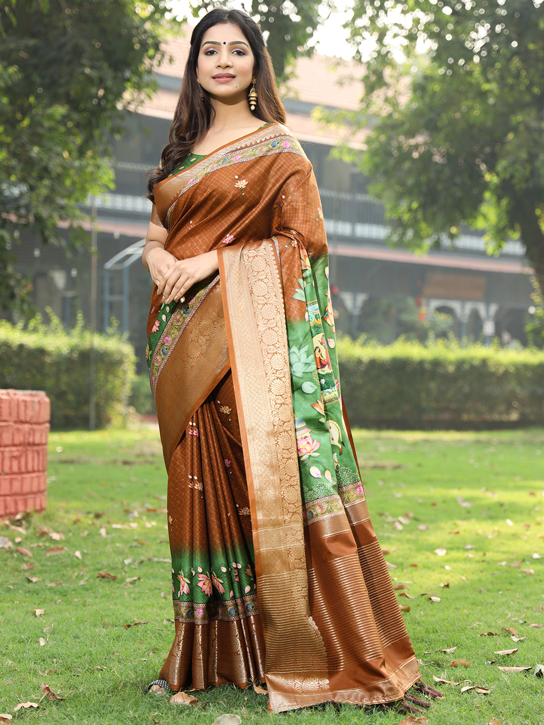 Luxe Brown Viscose Dola Silk Saree with Pichwai Kalamkari Print