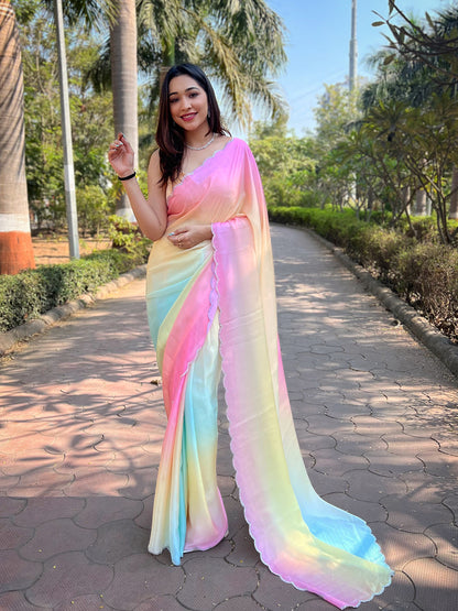 Bollywood-Style Multicoloured Satin Georgette Ombre Saree