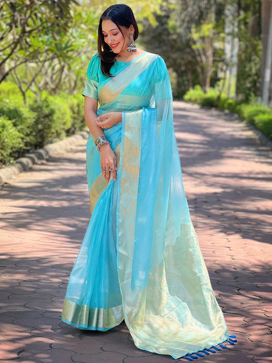 Turquoise Viscose Organza Saree with Gold Zari Weaving Border