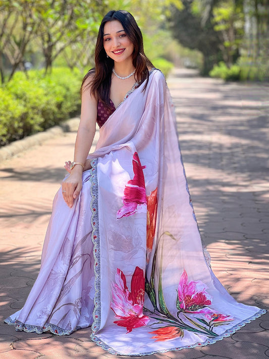 Elegant Grey Satin Georgette Saree with Floral Print