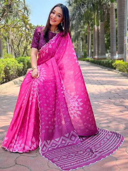 Rani-Pink Georgette Silk Saree with Ombre Bandhej & Swarovski Stones