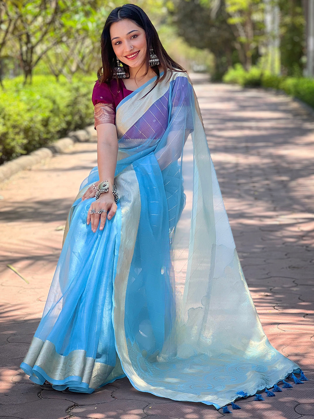 Sky-Blue Viscose Organza Saree with Gold Zari Weaving Border