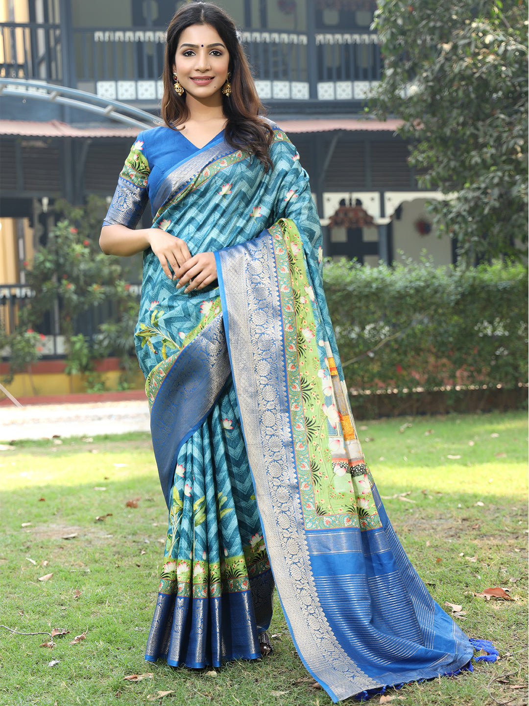 Luxe Blue Viscose Dola Silk Saree with Pichwai Kalamkari Print