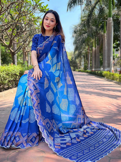 Blue Georgette Silk Saree with Ombre Bandhej & Swarovski Stones