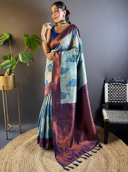 Sky-blue Tussar Silk Abstract Ikkat Print Saree