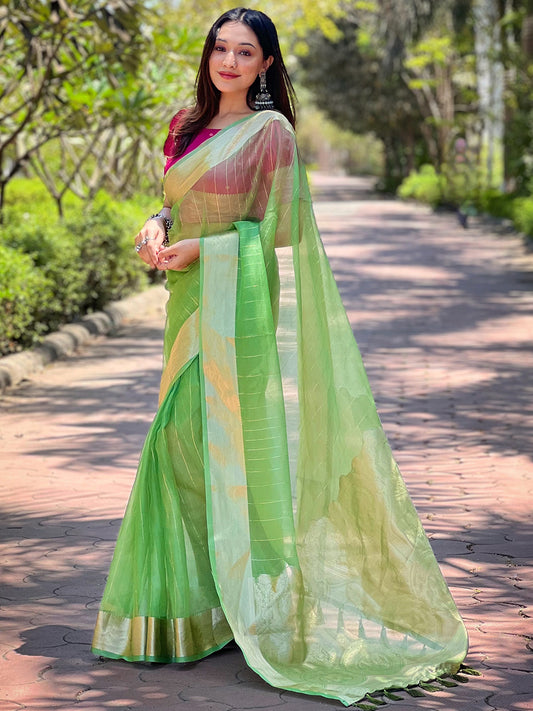 Green Viscose Organza Saree with Gold Zari Weaving Border