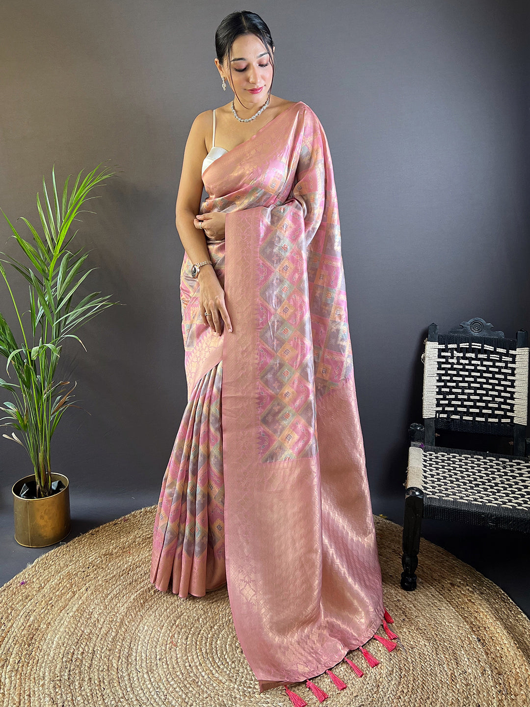 Pink Block Print Banarasi Katan Silk Saree