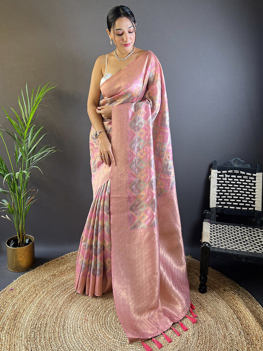 Pink Block Print Banarasi Katan Silk Saree