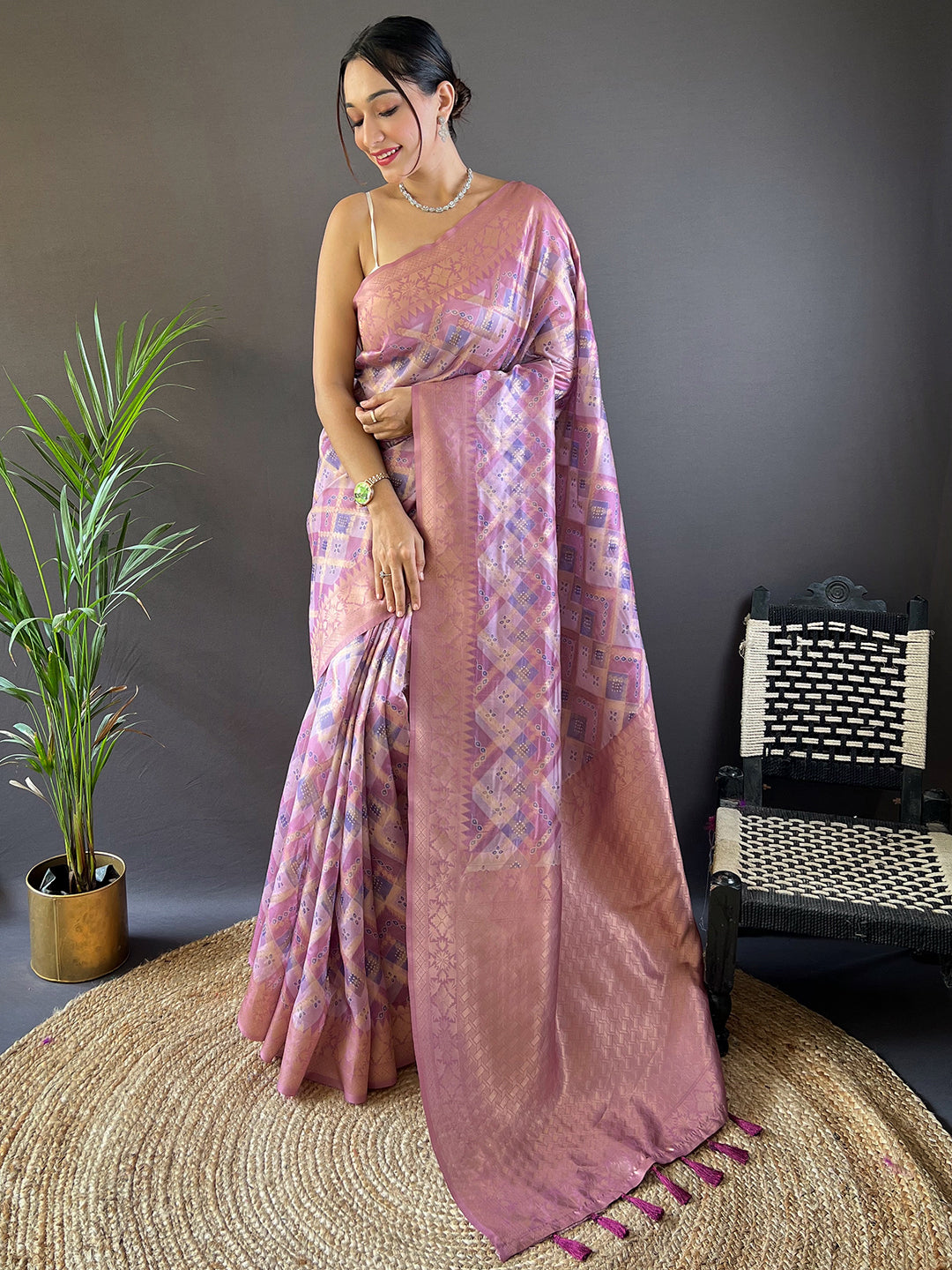 Lavender Block Print Banarasi Katan Silk Saree