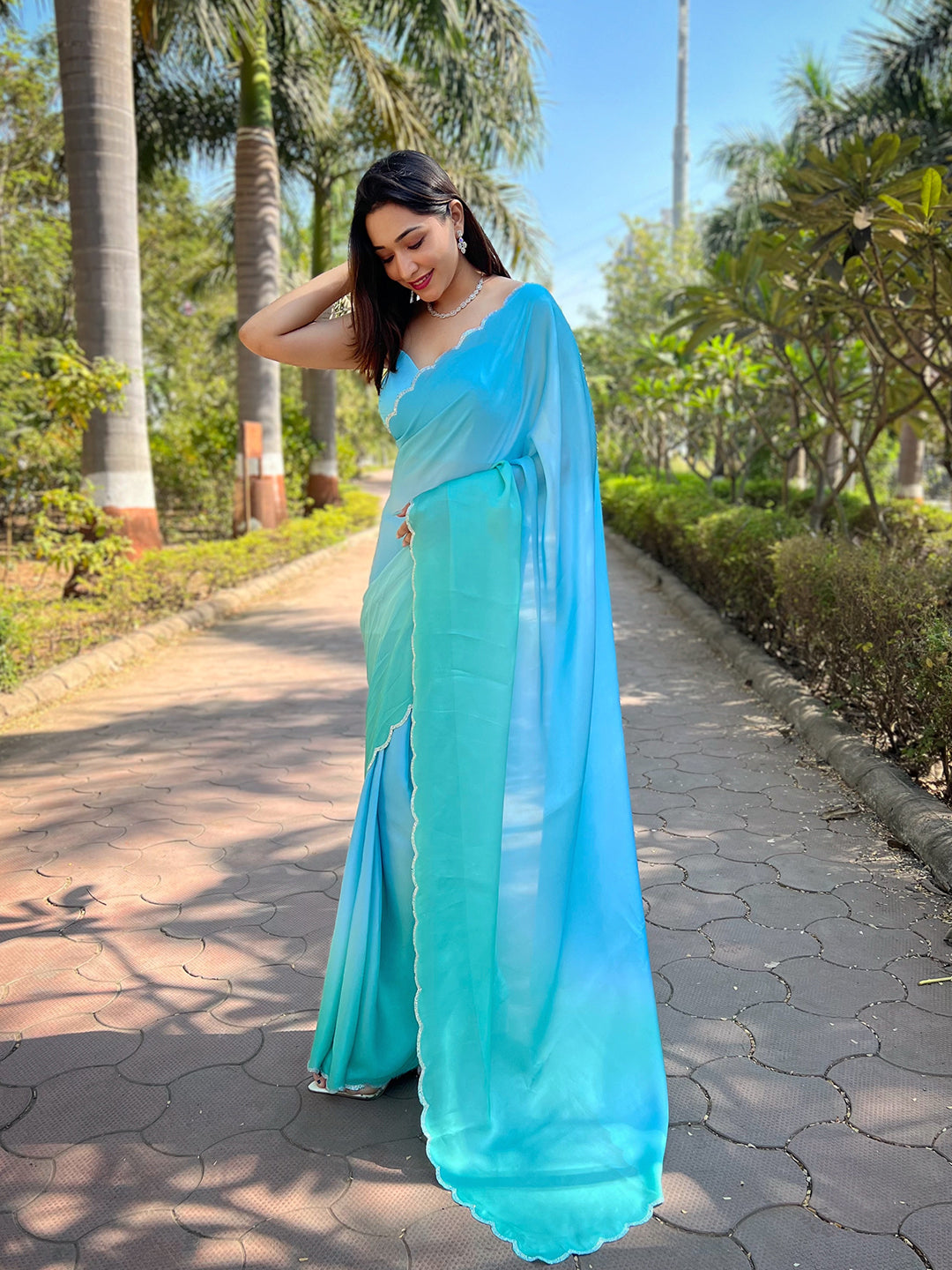 Bollywood-Style Turquoise-Blue Satin Georgette Ombre Saree