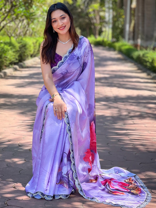 Elegant Purple Satin Georgette Saree with Floral Print