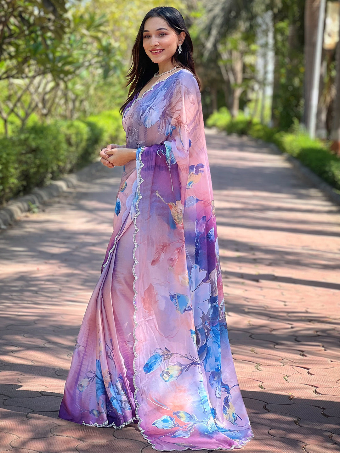 Elegant Lavender Satin Georgette Saree with Floral Print