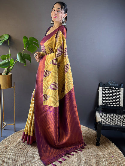 Olive Tussar Silk Abstract Ikkat Print Saree