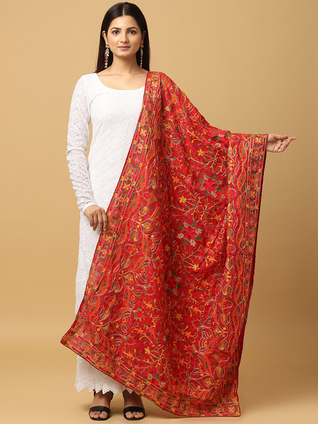 Red Poly Chiffon Pashmina Dupatta with Thread work