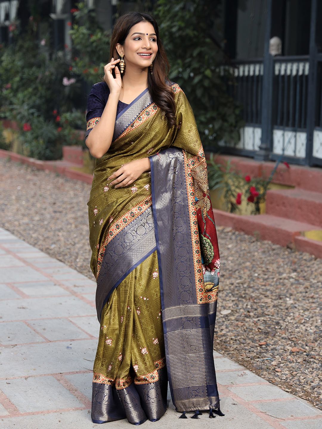 Luxe Olive Viscose Dola Silk Saree with Pichwai Kalamkari Print