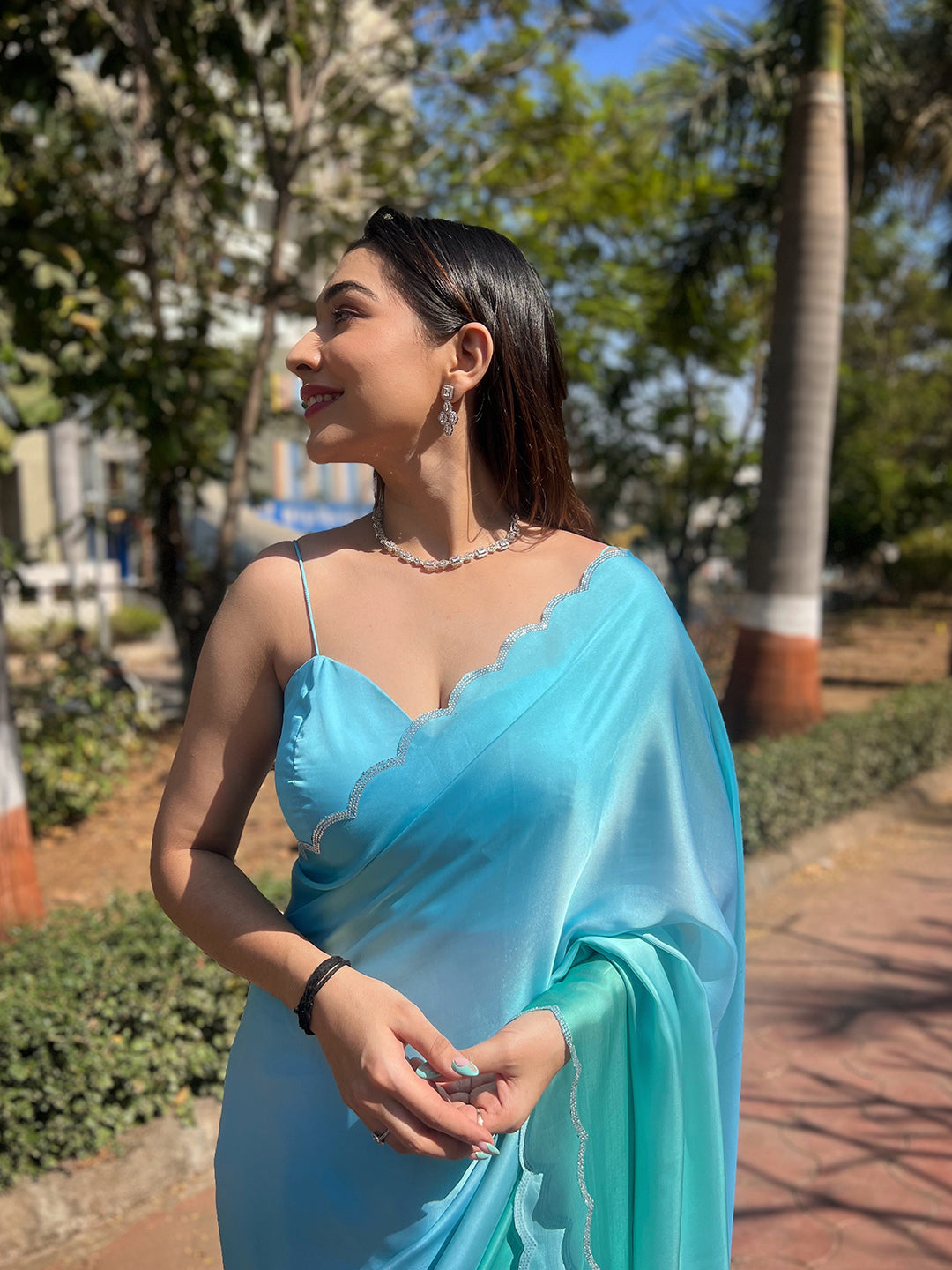 Bollywood-Style Turquoise-Blue Satin Georgette Ombre Saree